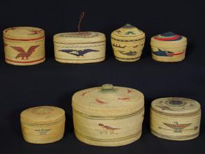 Group of seven very fine Makah/Nootka covered baskets